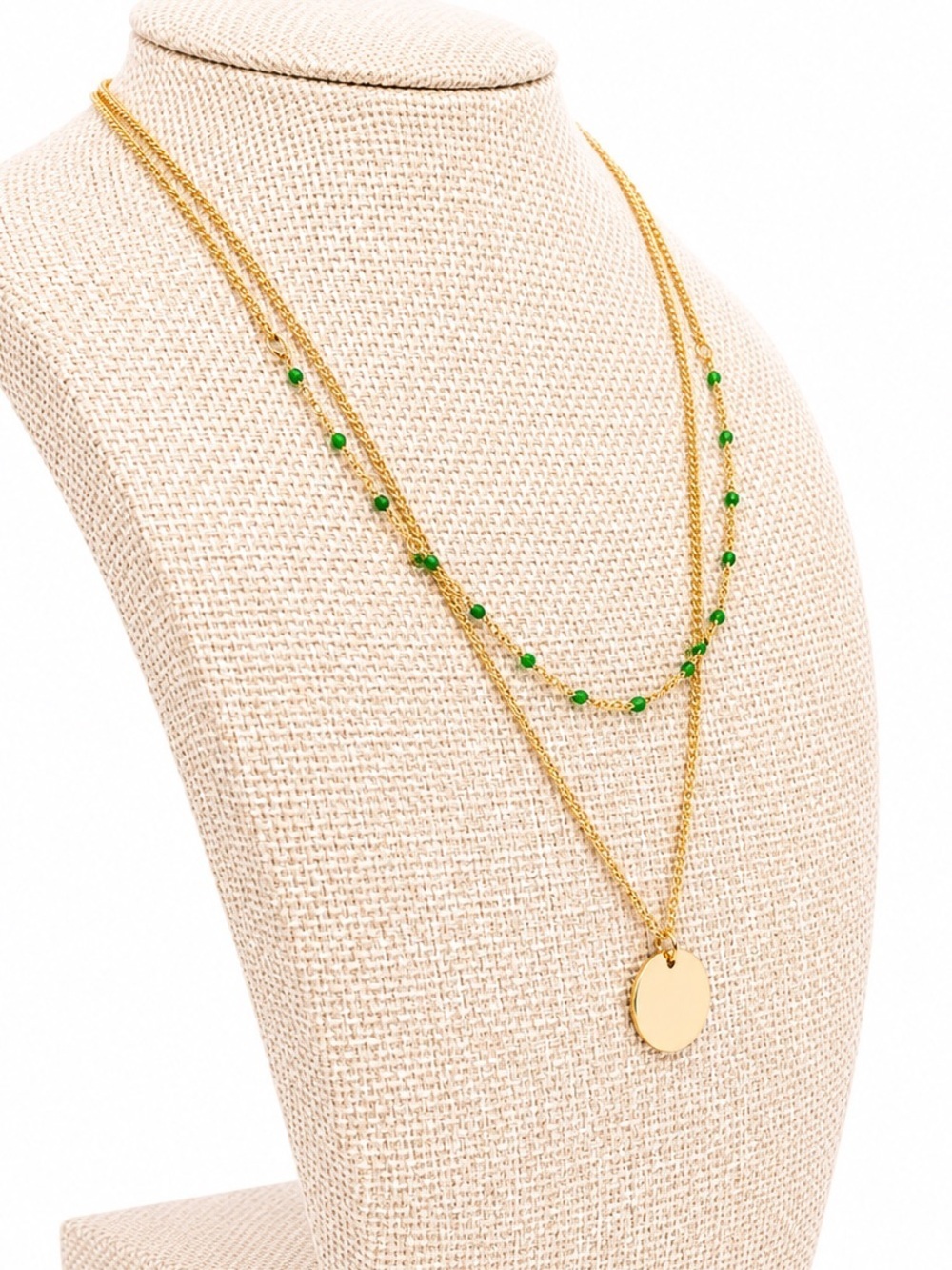 Gold Layered Green Beaded Coin Pendant Necklace Minimalist Boho Adjustable - Picture 5 of 6